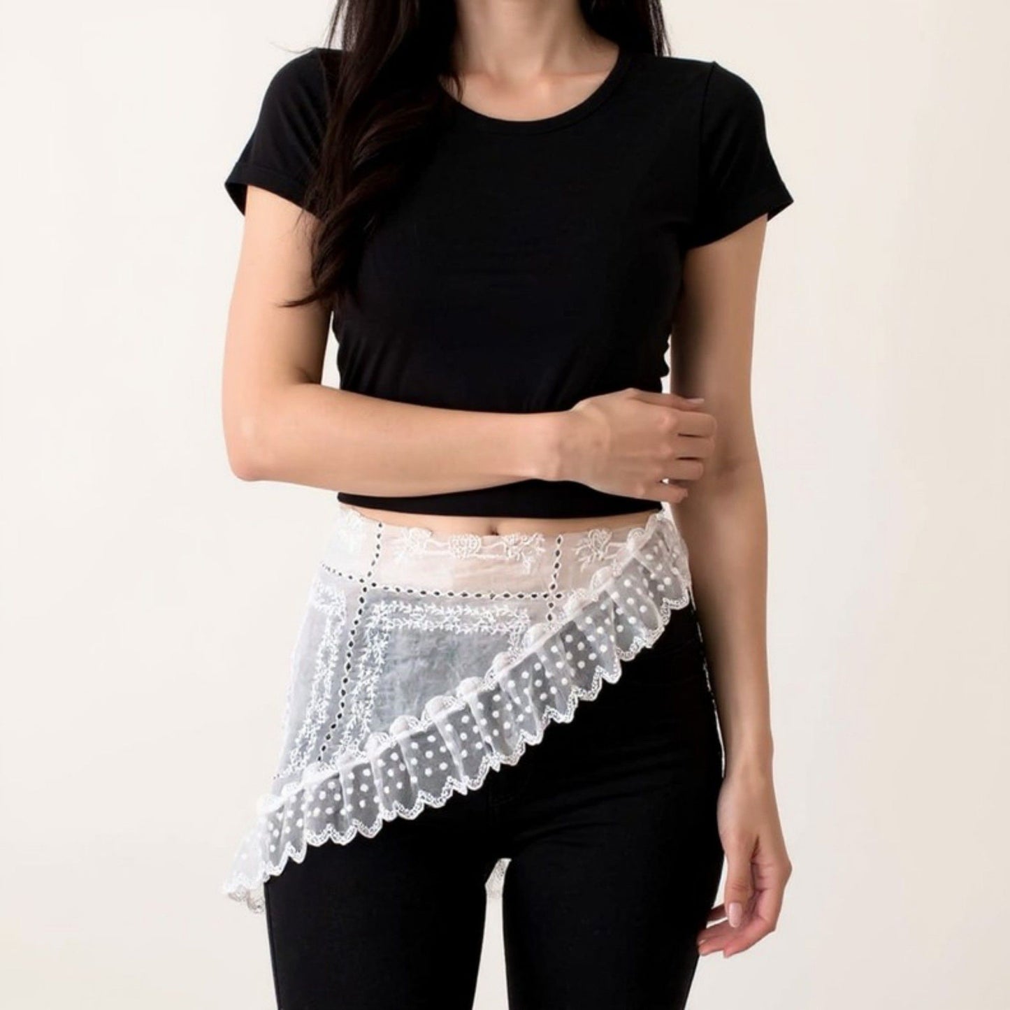 Sheer Lace Embroidered Waist Belt with Scalloped Edge and Tie Detail 59in