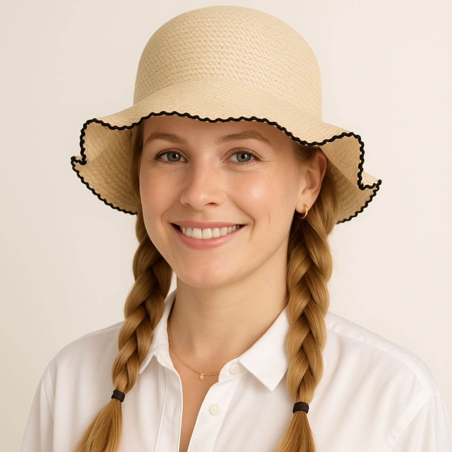 Women's Woven Floppy Bucket Hat with Scalloped Brim Edge Detail