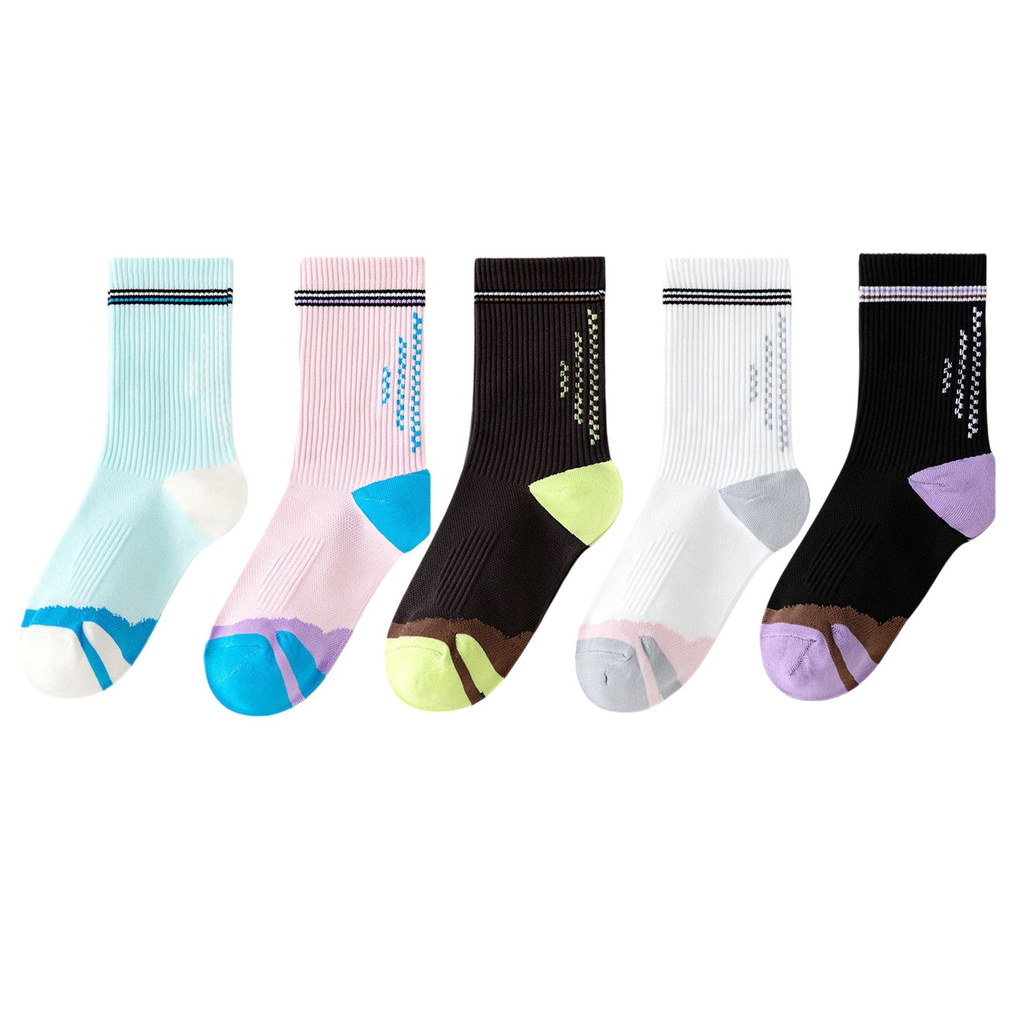 5 Pairs Mid-Crew Sport Socks Cushioned Arch Support Breathable Athletic Fit with Elastic Cuff