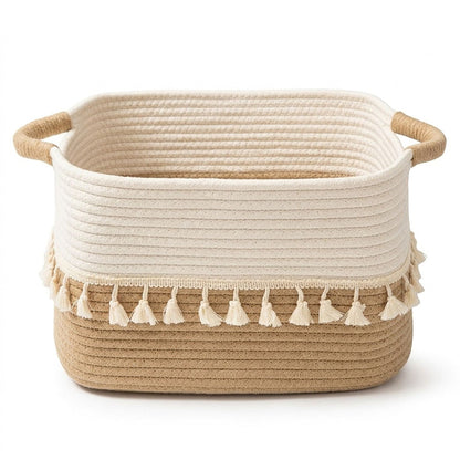 Rope Storage Basket with Tassel Trim and Handles