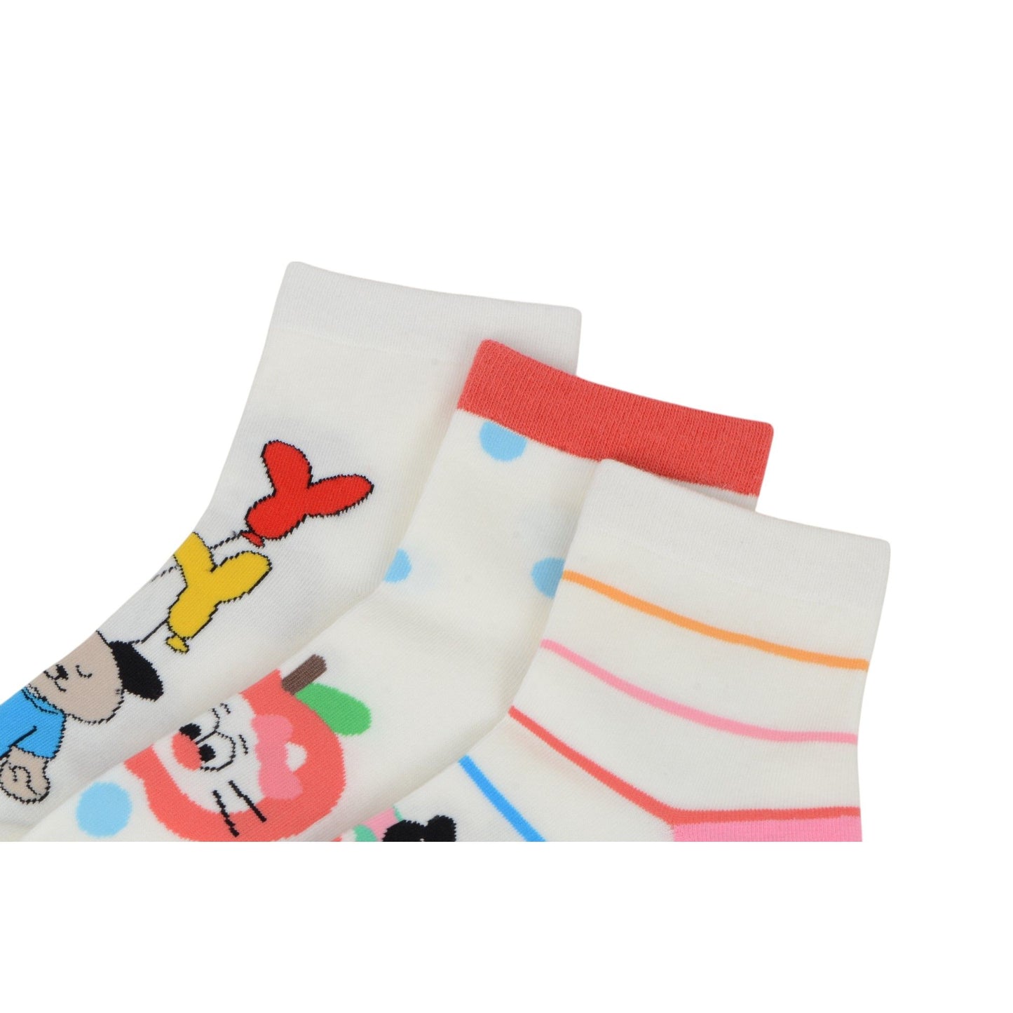 Renaissance Women 3-Pair Ankle Socks Set Assorted Patterns Featuring Colorblock, Cartoon Characters, and Butterfly Prints