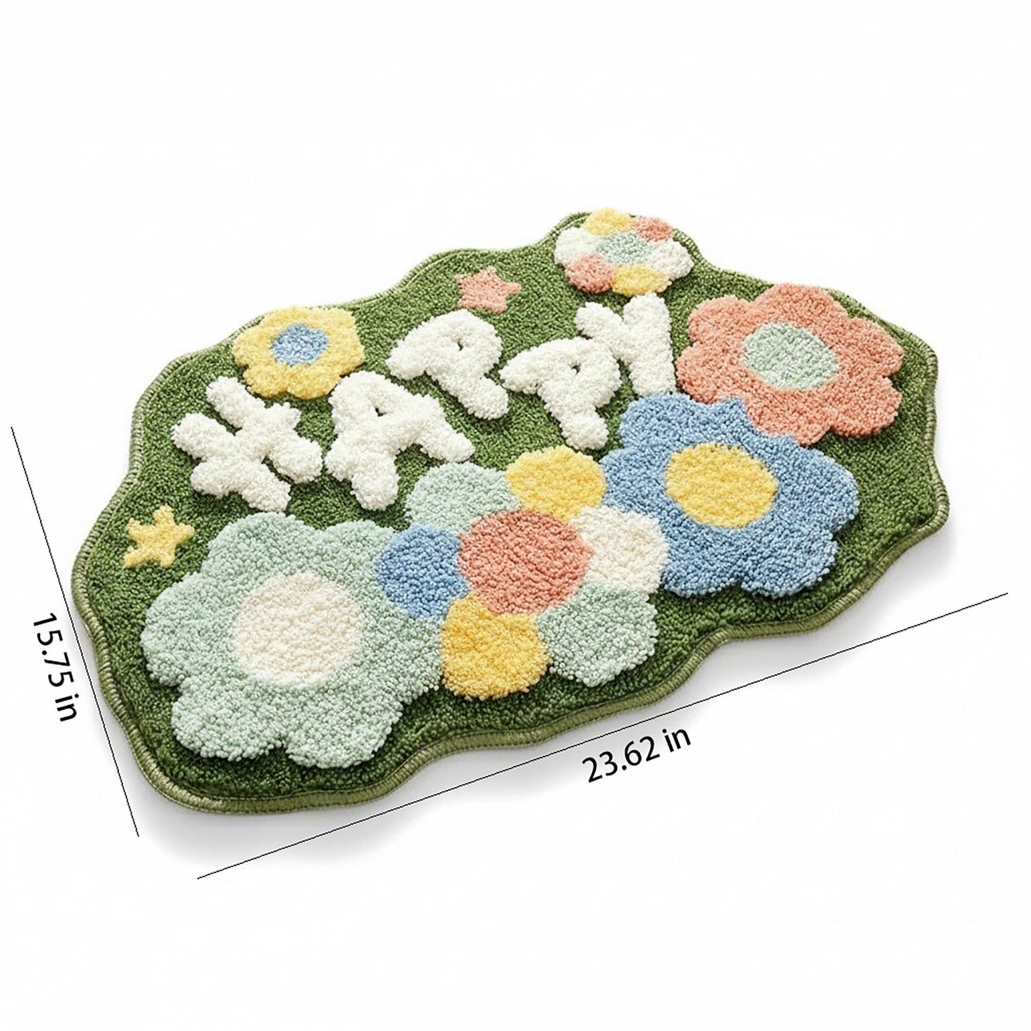 Tufted Floor Mat with Happy Text and Floral Pattern Non Slip Backing Soft Plush Decorative Scalloped Edge Indoor Rug