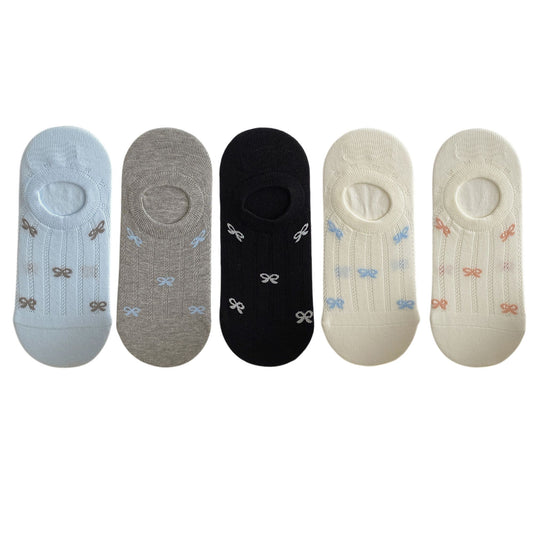 5 Pairs Bow Pattern Low Cut No Show Socks Breathable Mesh Knit Anti-Slip Design Multiple Color Options
