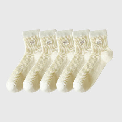 Ribbed Ankle Socks with Bow Embroidery 5Pk