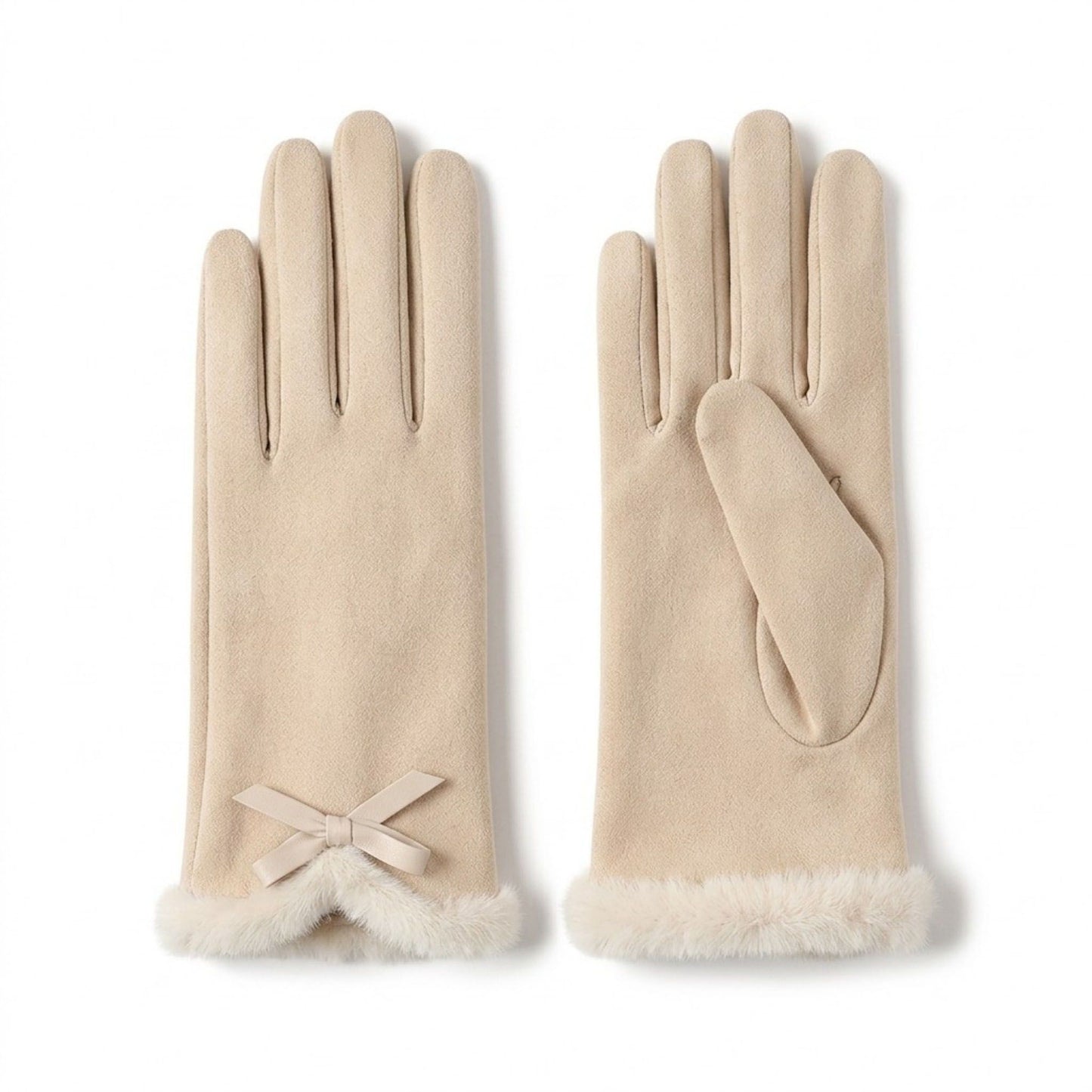 Faux Suede Winter Gloves with Faux Fur Cuffs and Bow Detail 9 x 3.3in