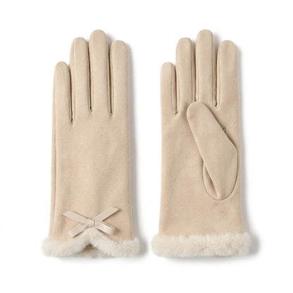 Faux Suede Winter Gloves with Faux Fur Cuffs and Bow Detail 9 x 3.3in