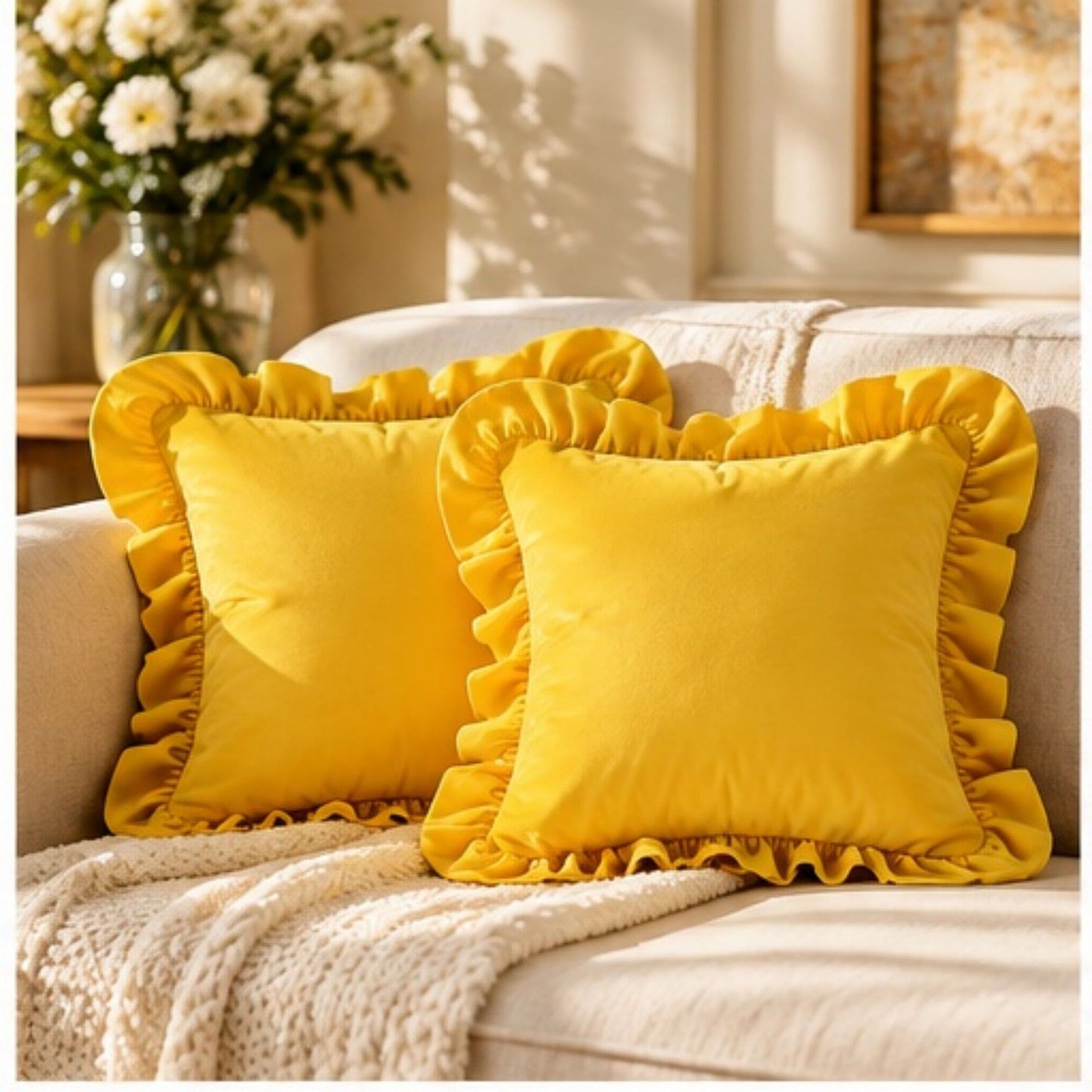 Velvet Ruffle Decorative Throw Pillow Cover Set of 2