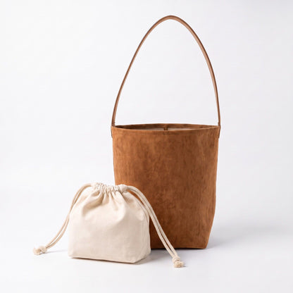 Faux Suede Bucket Shoulder Bag with Drawstring Pouch