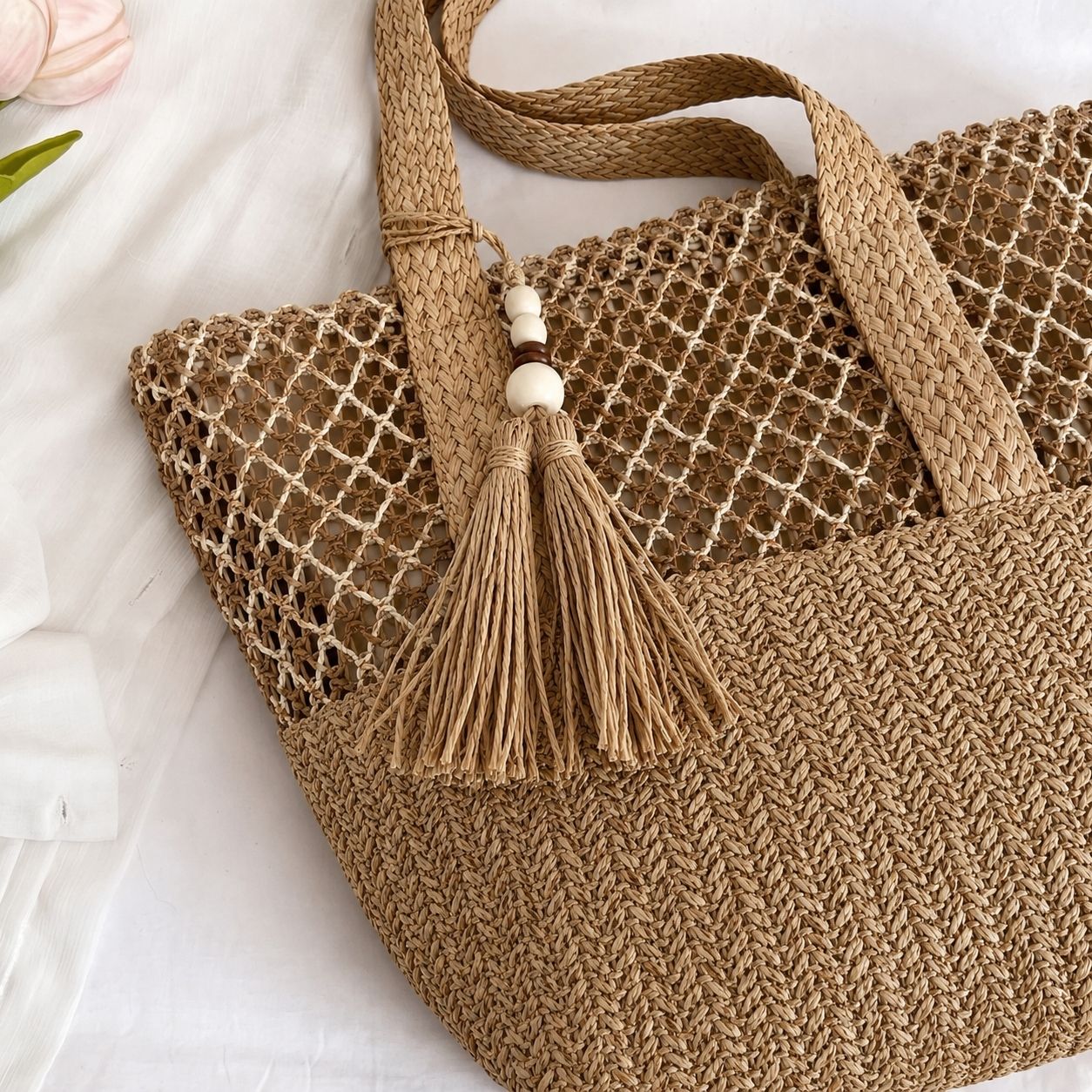 Woven Straw Tote Bag with Zip Closure Shoulder Straps and Tassel Accent