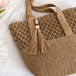 Woven Straw Tote Bag with Zip Closure Shoulder Straps and Tassel Accent