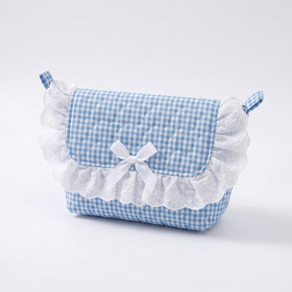 Womens Quilted Gingham Makeup Bag with Shoulder Strap Lace Ruffle Bow