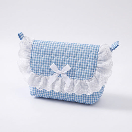 Womens Quilted Gingham Makeup Bag with Shoulder Strap Lace Ruffle Bow
