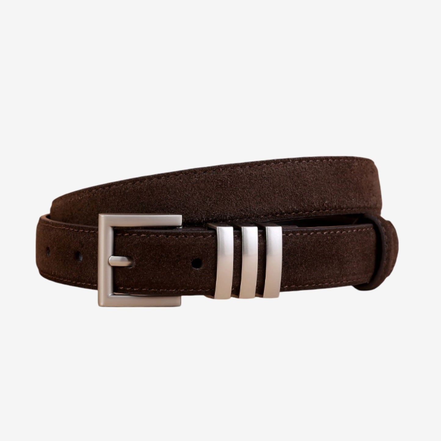 Suede Leather Belt with Silver Tone Bar Accents and Square Buckle 39.4in
