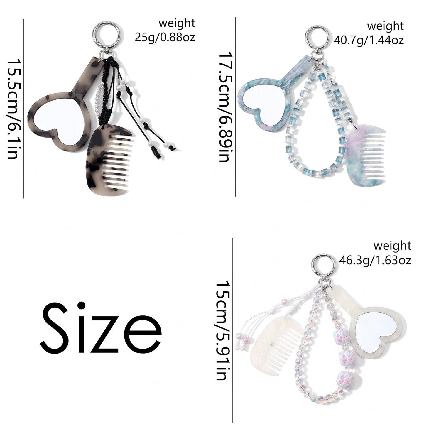 Beaded Keychain Bag Charm with Heart Mirror and Mini Comb