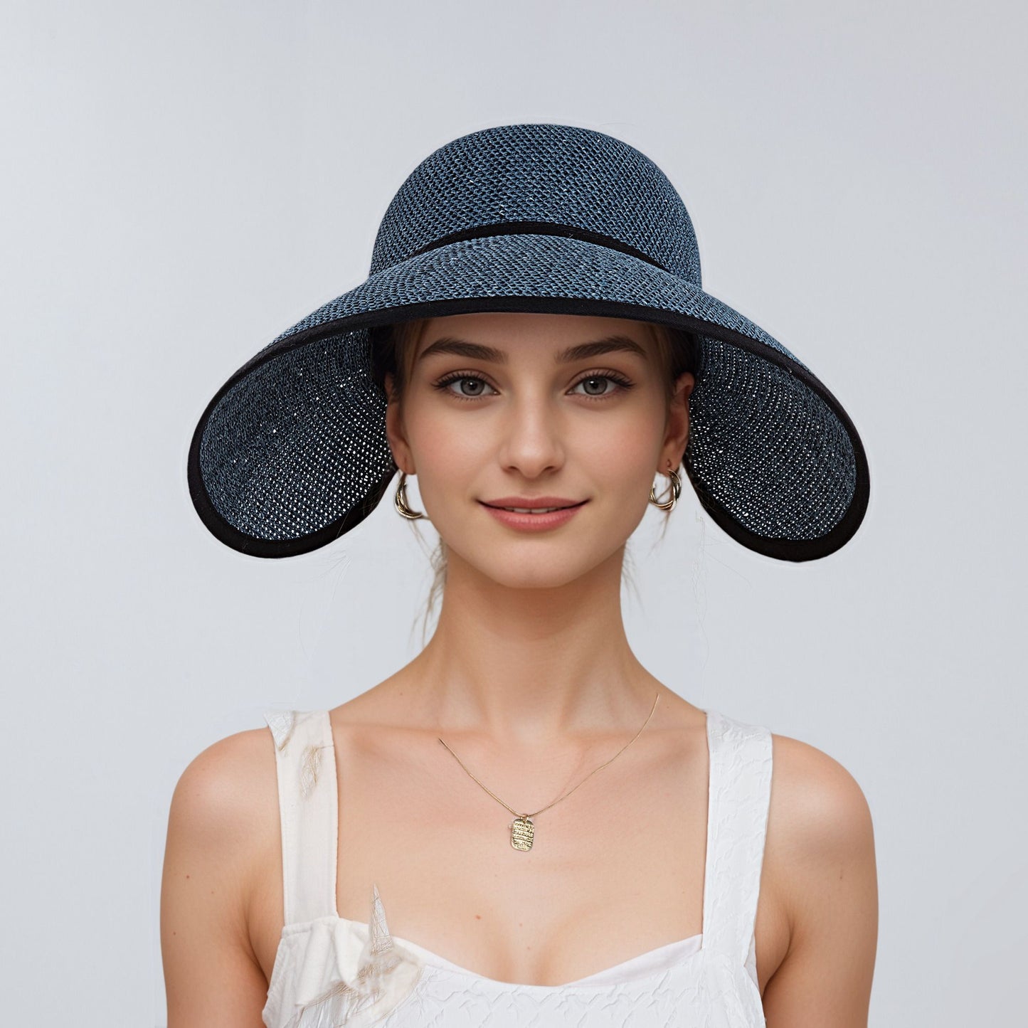 Womens Roll Up Straw Sun Visor Wide Brim Bow Detail Adjustable UV Protection Packable Summer Hat