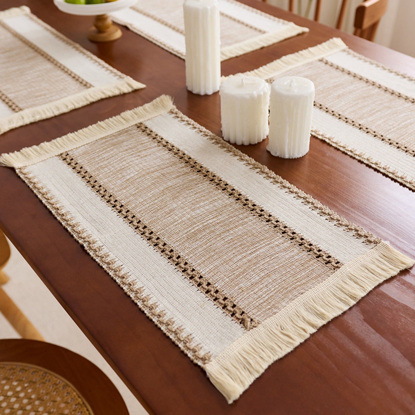 4 Set Woven Rectangular Placemats with Textured Stripes and Fringe Edges 11.8x19.5 in