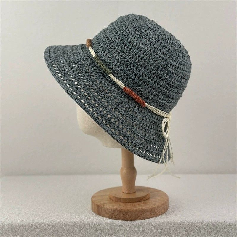 Crochet Bucket Hat Lightweight Breathable Straw Sun Hat with Woven Band