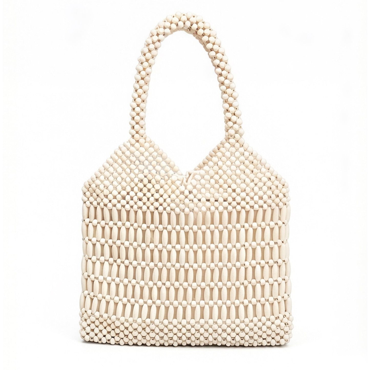Beaded Tote Bag Structured Wooden Bead Handbag Open Weave Large Shoulder Bag Lightweight Carryall Purse