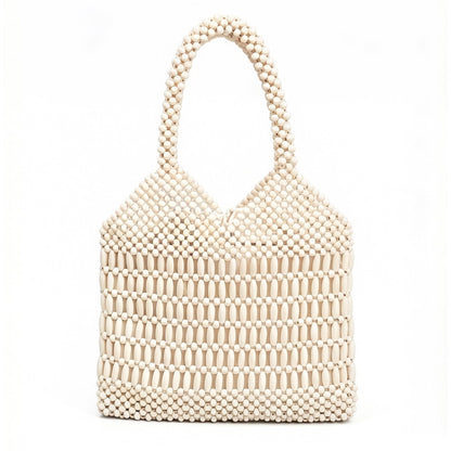 Beaded Tote Bag Structured Wooden Bead Handbag Open Weave Large Shoulder Bag Lightweight Carryall Purse