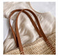 Woven Straw Tote Bag with Leather Shoulder Straps Lightweight Crochet Knit Large Capacity Bag
