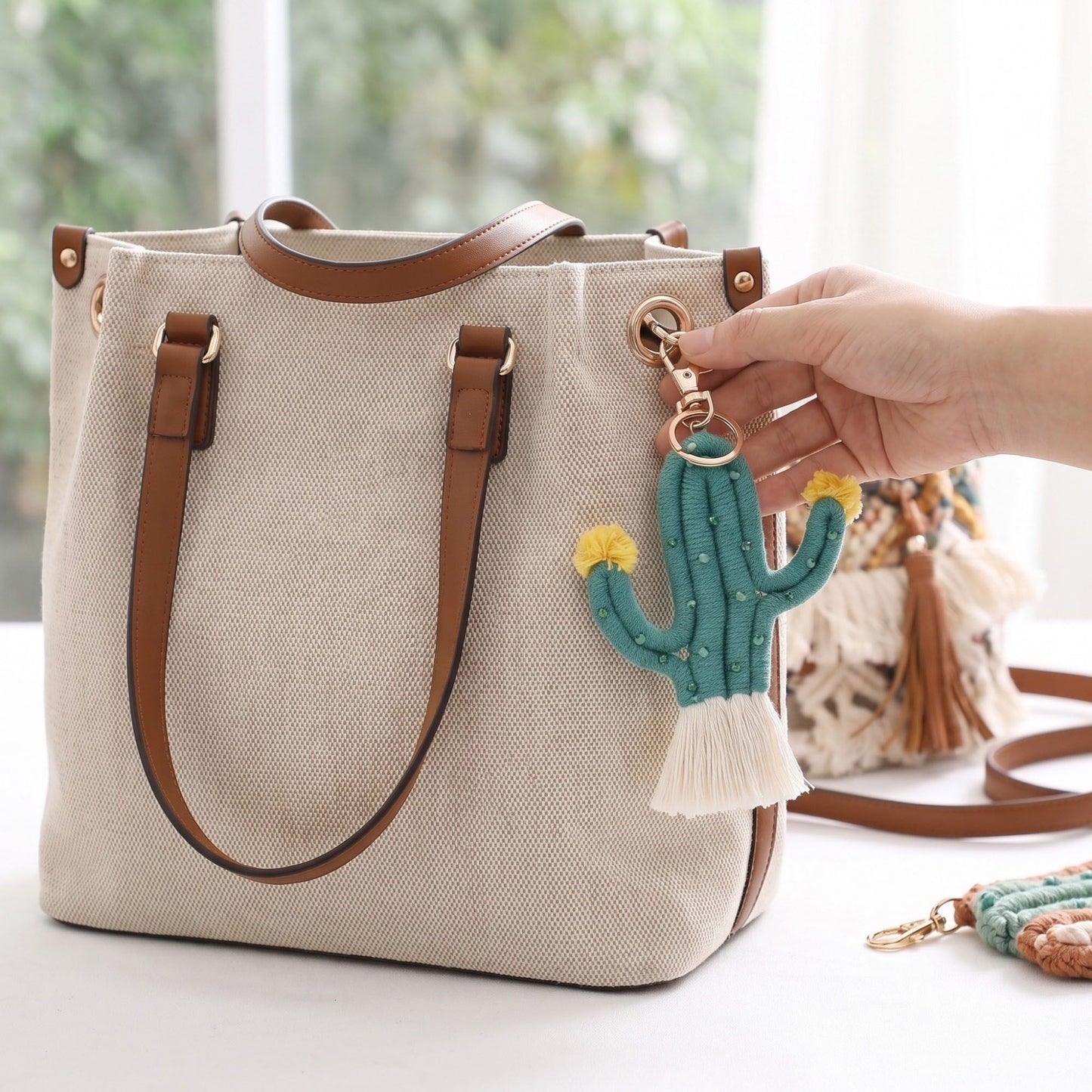 Cactus Macrame Keychain with Tassel Bag Charm