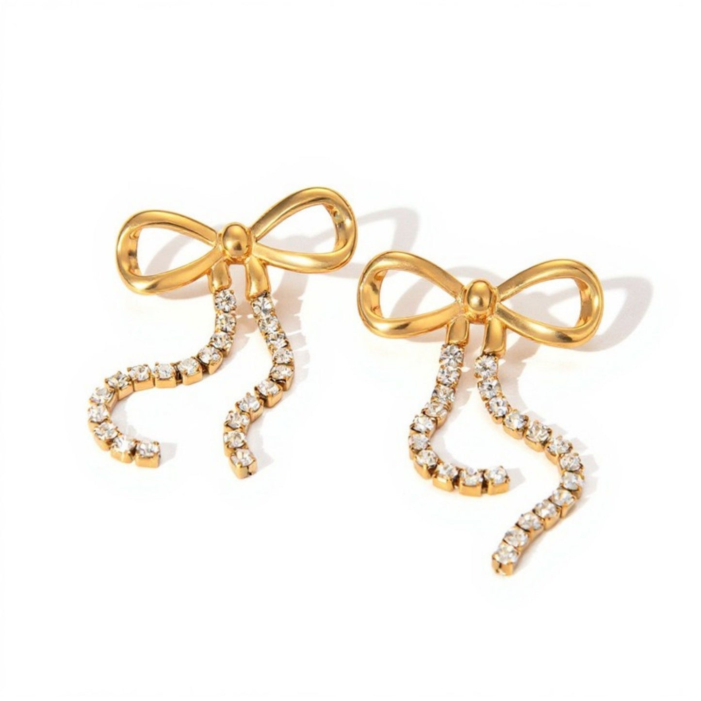 Bow Drop Earrings with Rhinestone Dangle Detail Feminine Statement Jewelry