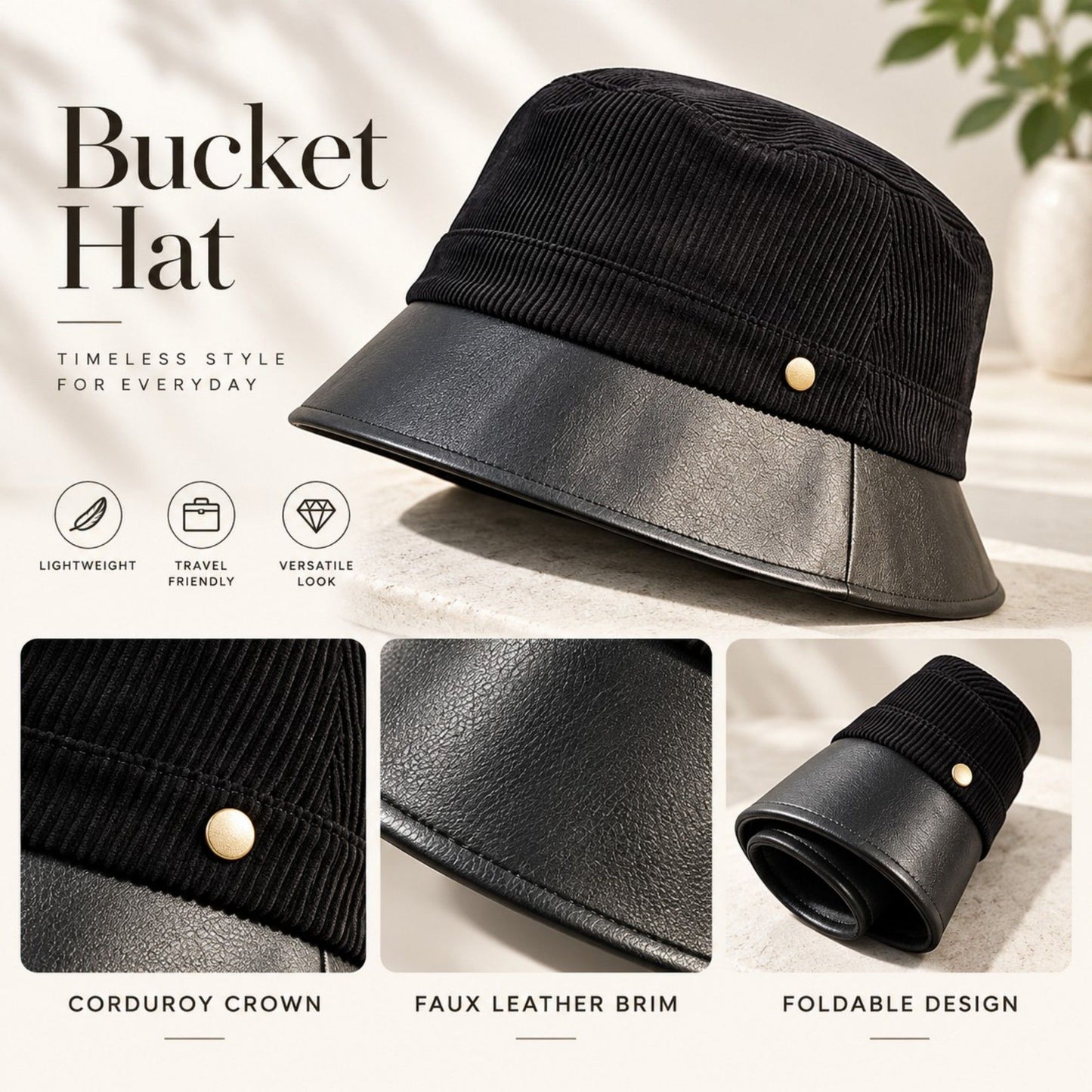 Corduroy Bucket Hat with Leather Look Brim Adjustable Fit