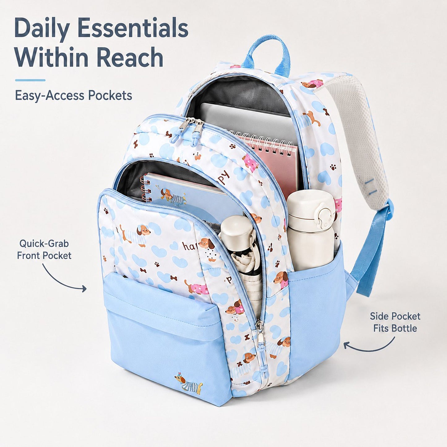 Dog Print School Backpack with Multiple Zip Pockets