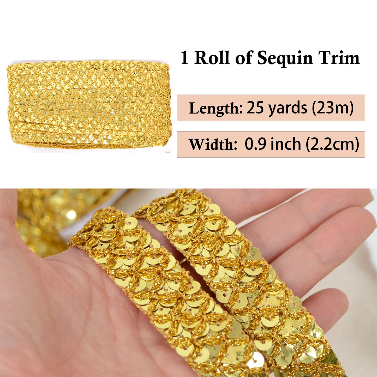 Sewing Sequin Trim 0.9 Inch 4 Row, 25 Yards Glitter Sequin Ribbon Metallic Stretch Bling Strip DIY Craft Decoration