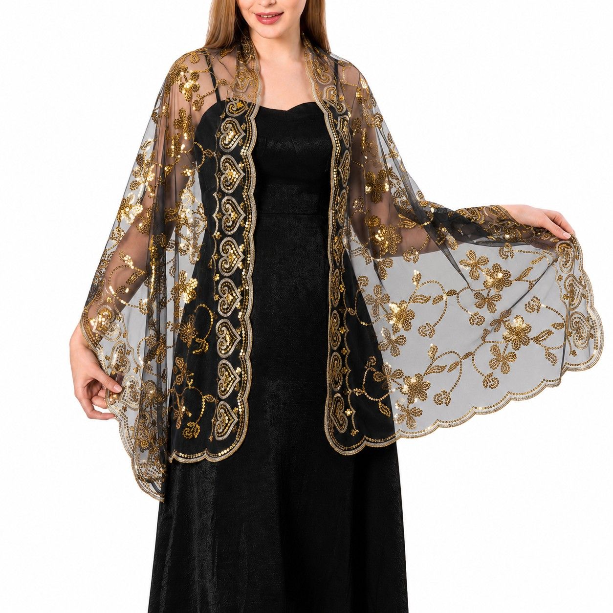 Embroidered Sequin Mesh Shawl Wrap Sheer Floral Scarf Scalloped Edge