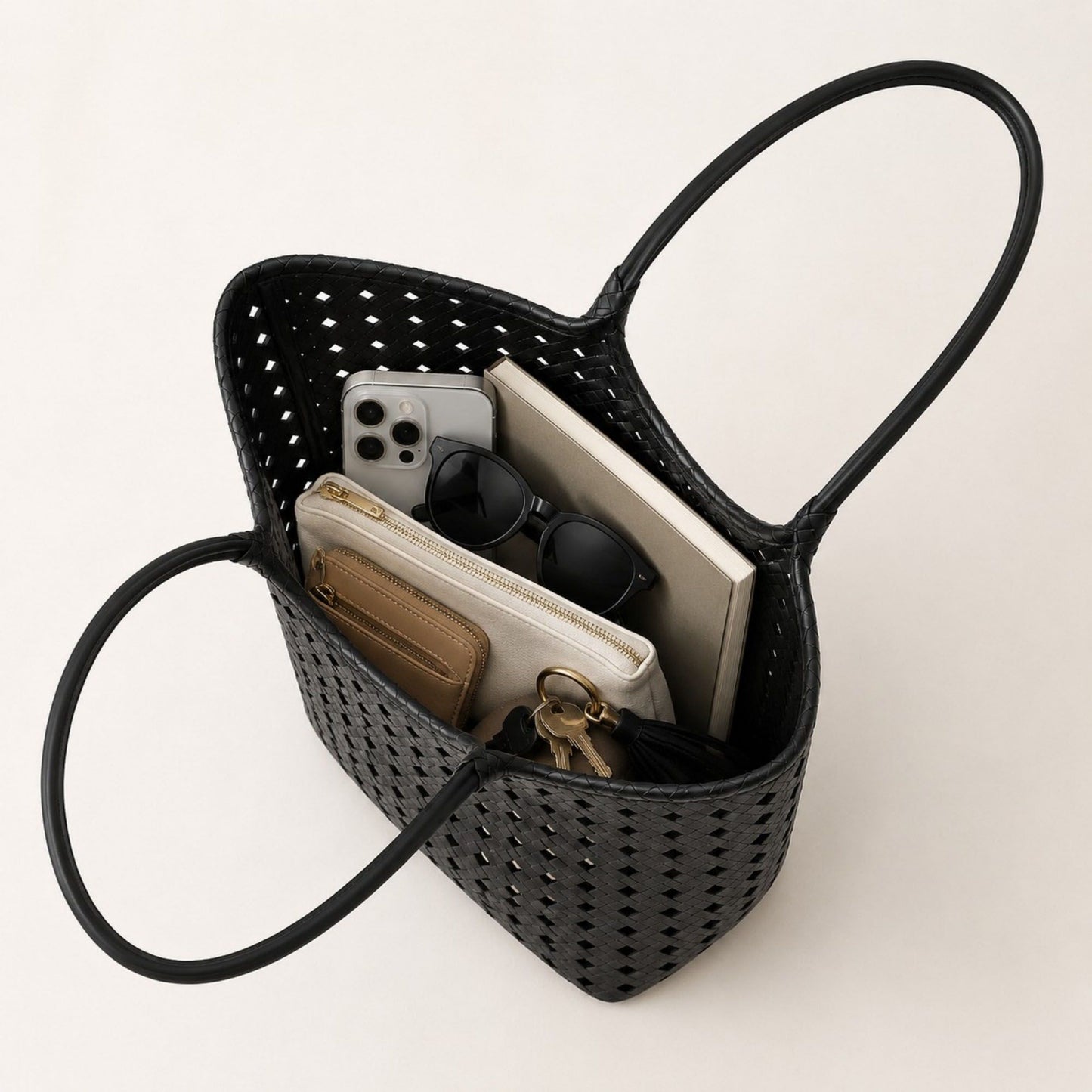 Woven Shoulder Bag with Cutout Design Soft Faux Leather Feel Tote and Inner Pouch