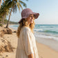 Crochet Wide Brim Sun Hat with Floral Accent Scalloped Edge and Chin Strap