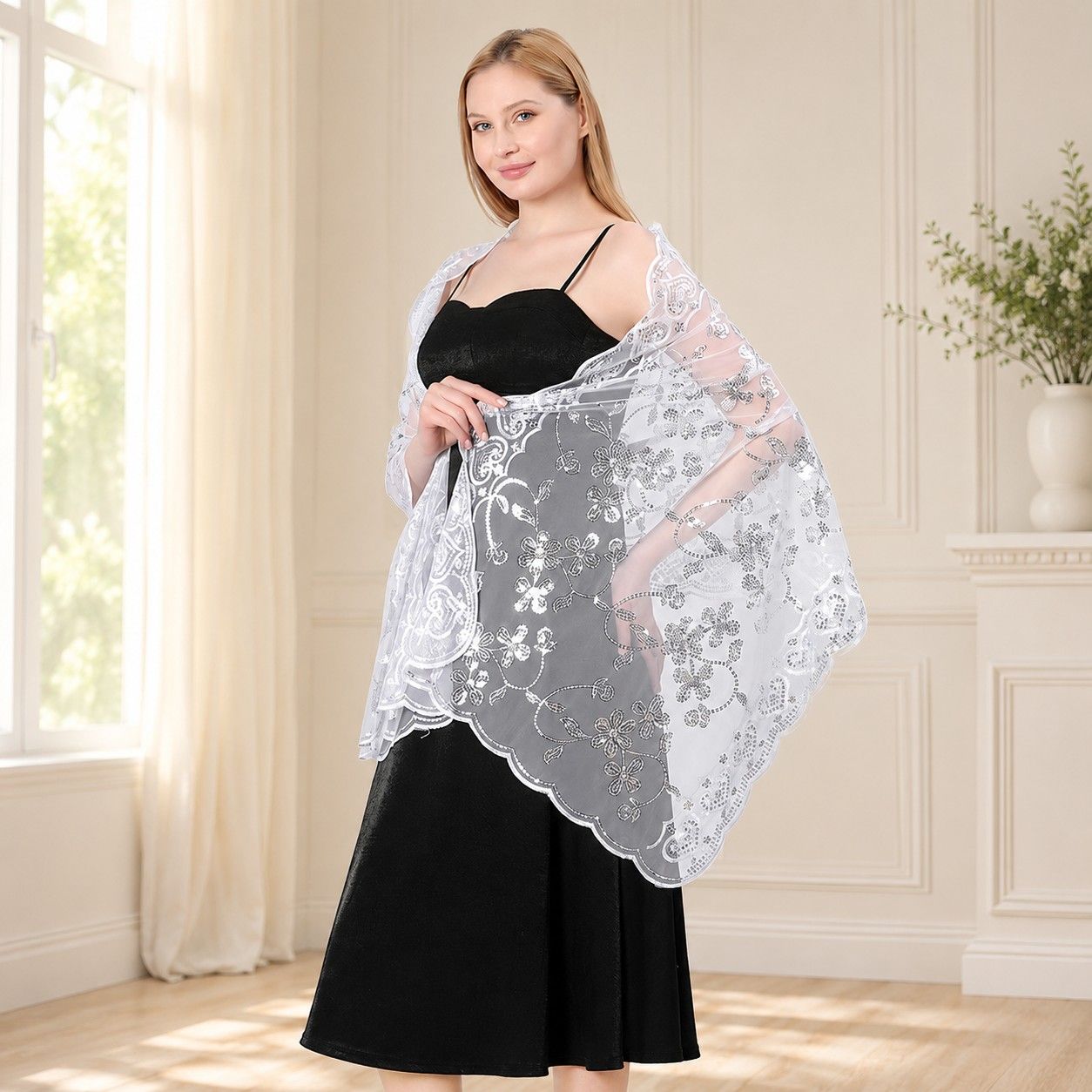 Embroidered Sequin Mesh Shawl Wrap Sheer Floral Scarf Scalloped Edge