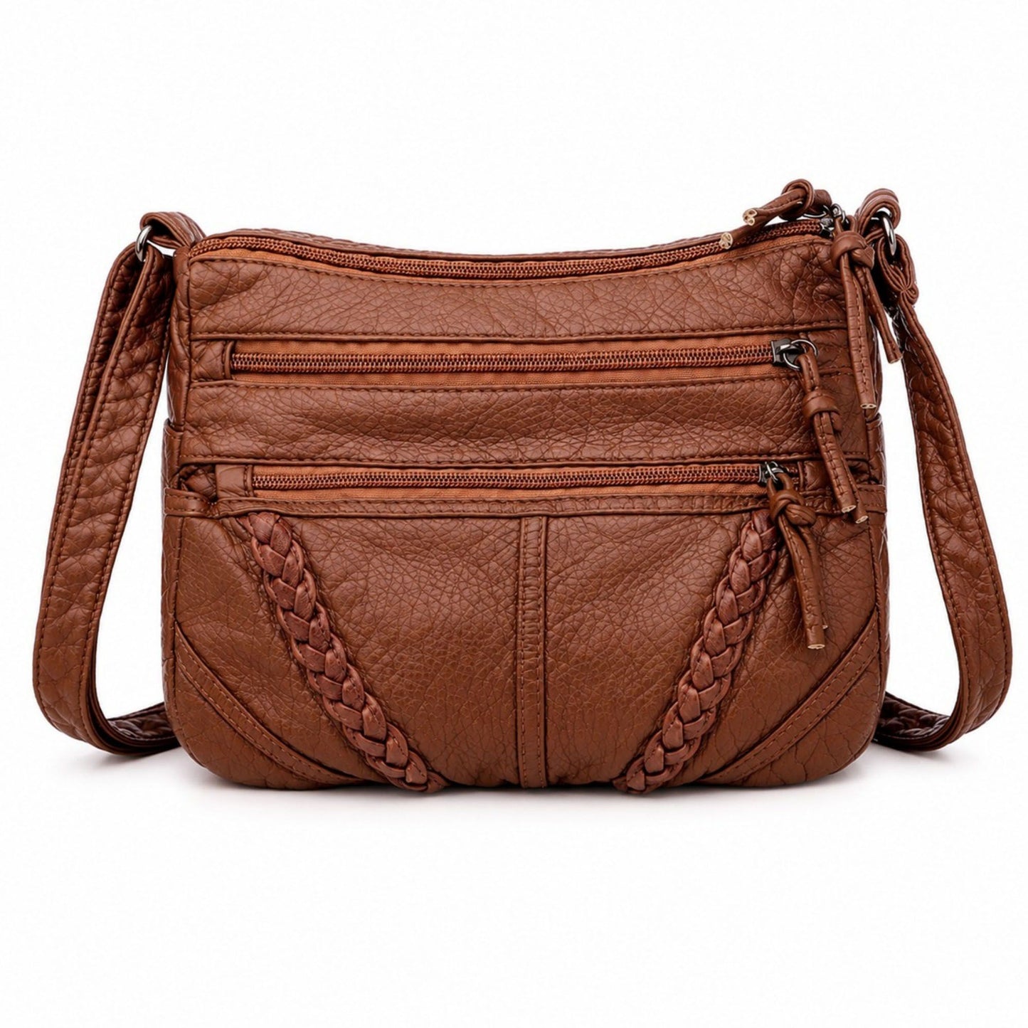 Multi-Pocket Crossbody Bag with Adjustable Strap and Braided Trim