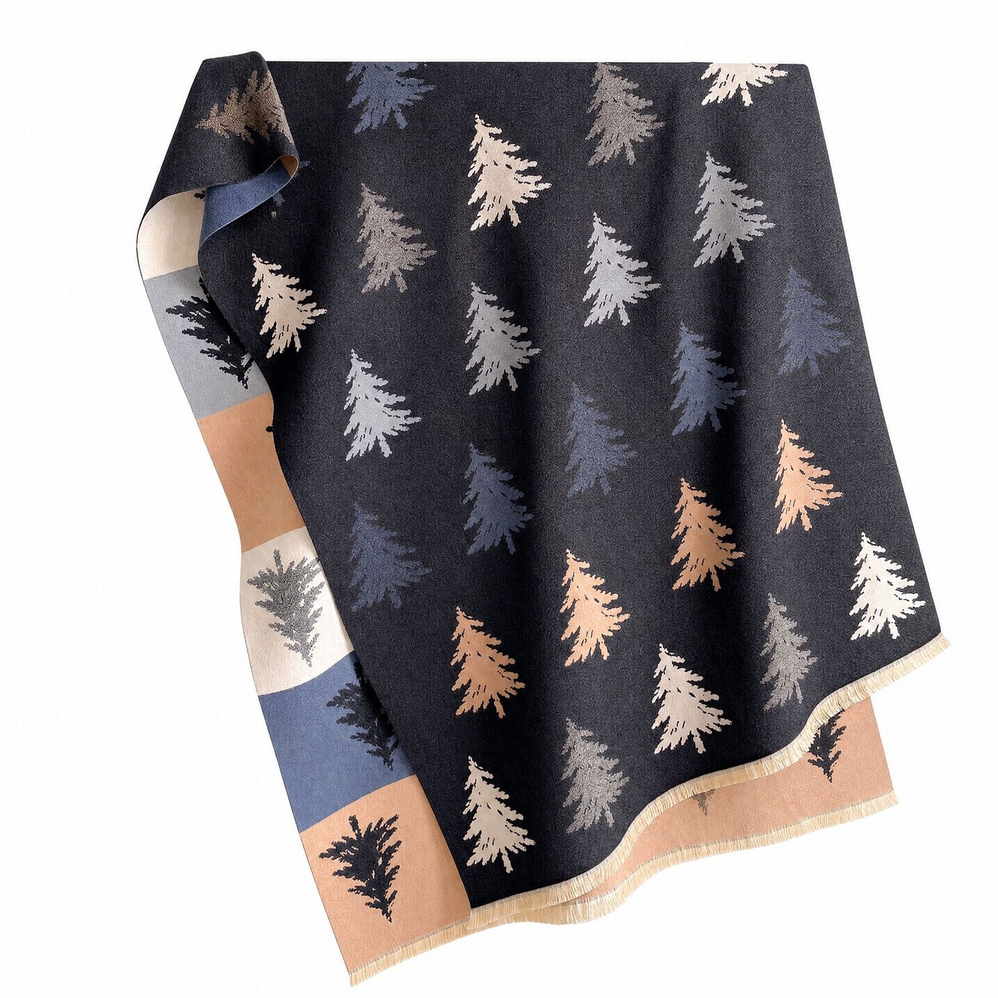 Christmas Tree Print Oversized Scarf Holiday Winter Wrap with Fringe Edge 70.8*25.6 Inches