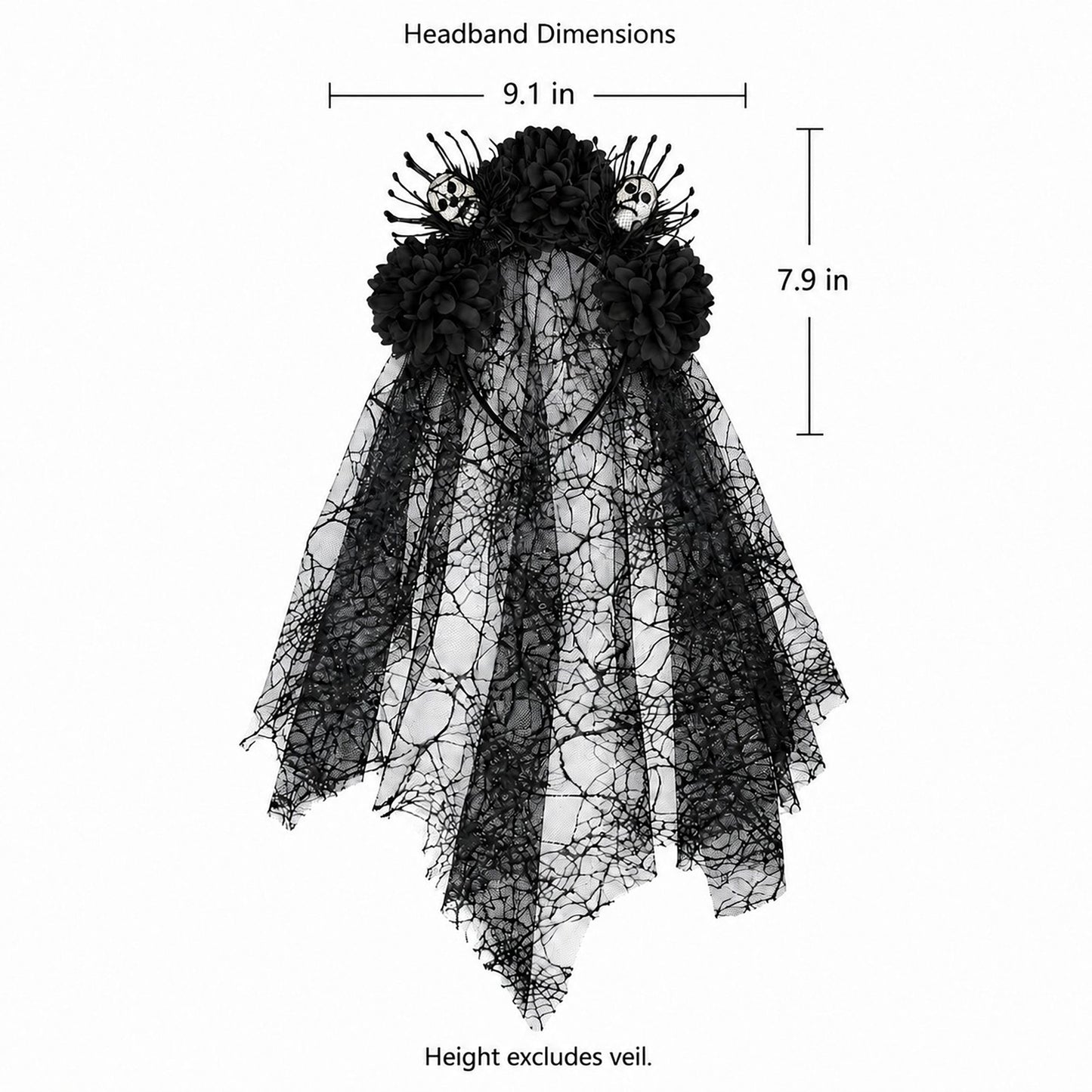 Halloween Floral Skull Headband with Spiderweb Lace Veil