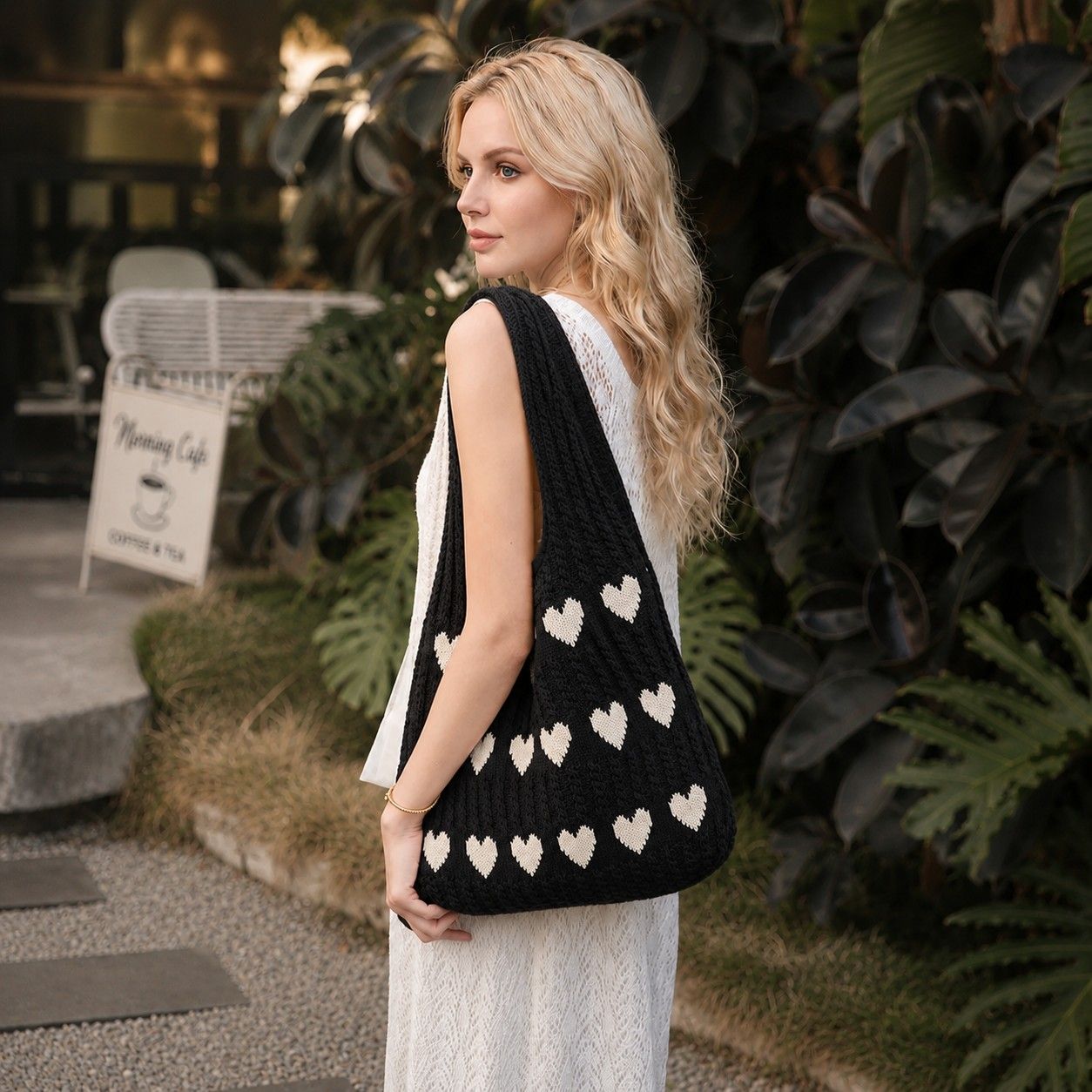 Knitted Heart Tote Bag Large Capacity Casual Shoulder Bag Lightweight Daily Bag