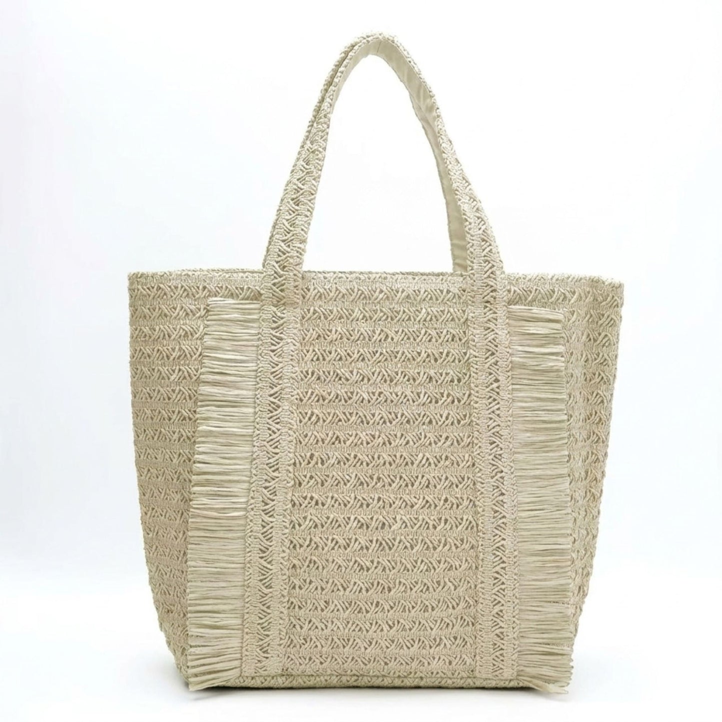 Woven Tote Bag with Fringe Detail and Shoulder Handles