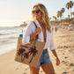 Palm Tree Woven Tote Bag Large Capacity Shoulder Handbag with Faux Leather Handles