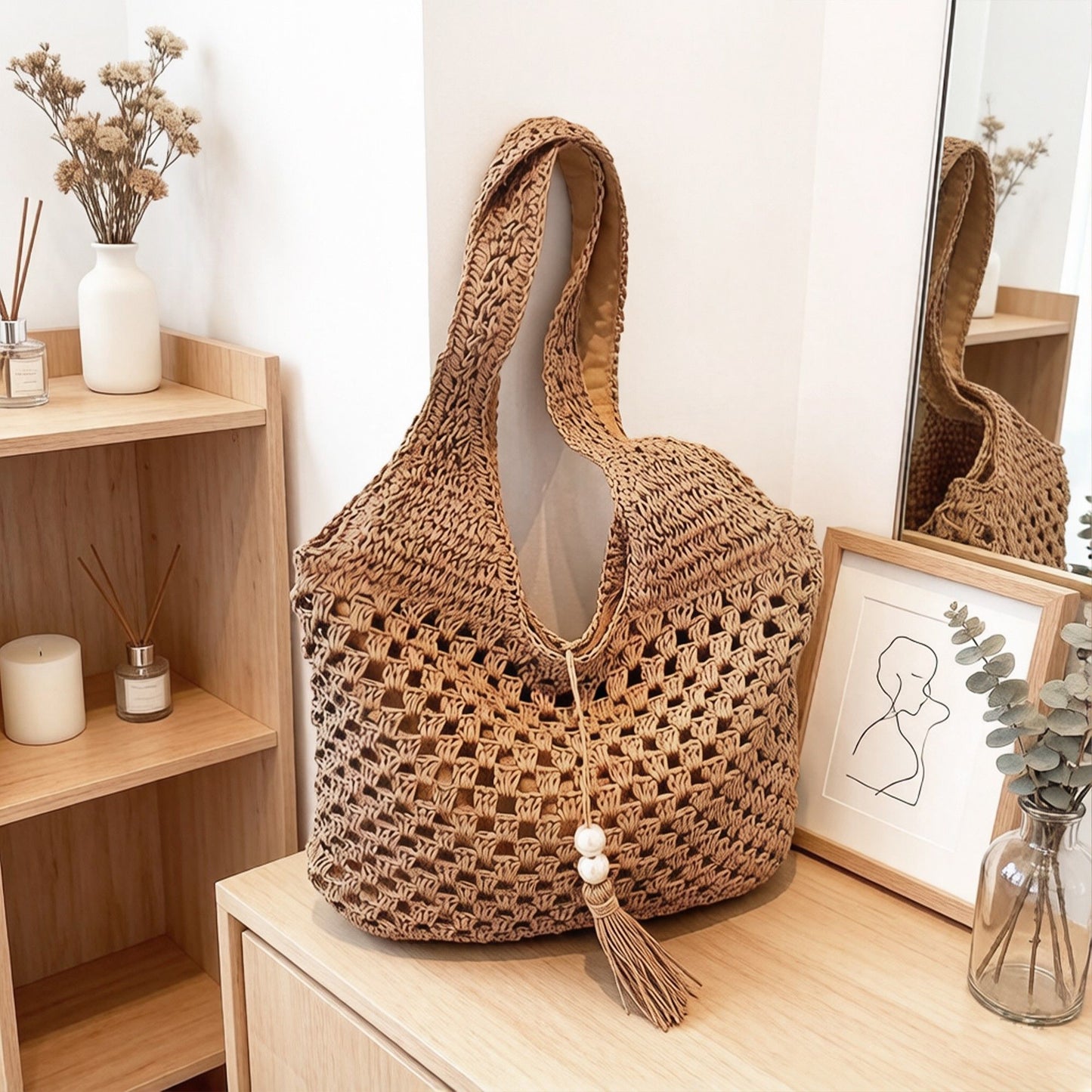Crochet Shoulder Bag with Tassel Detail Soft Knit Handbag Lightweight Casual Everyday Tote