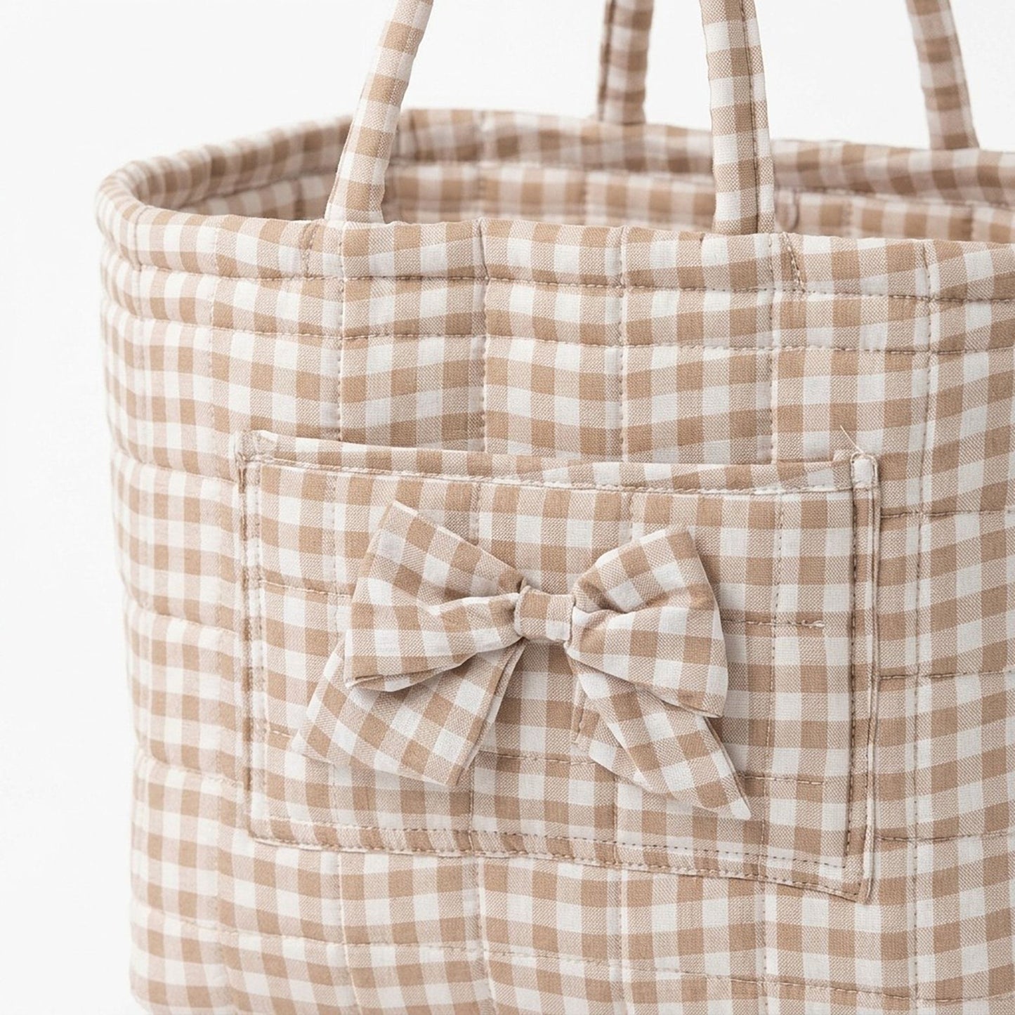 Gingham Quilted Storage Basket with Handles and Bow