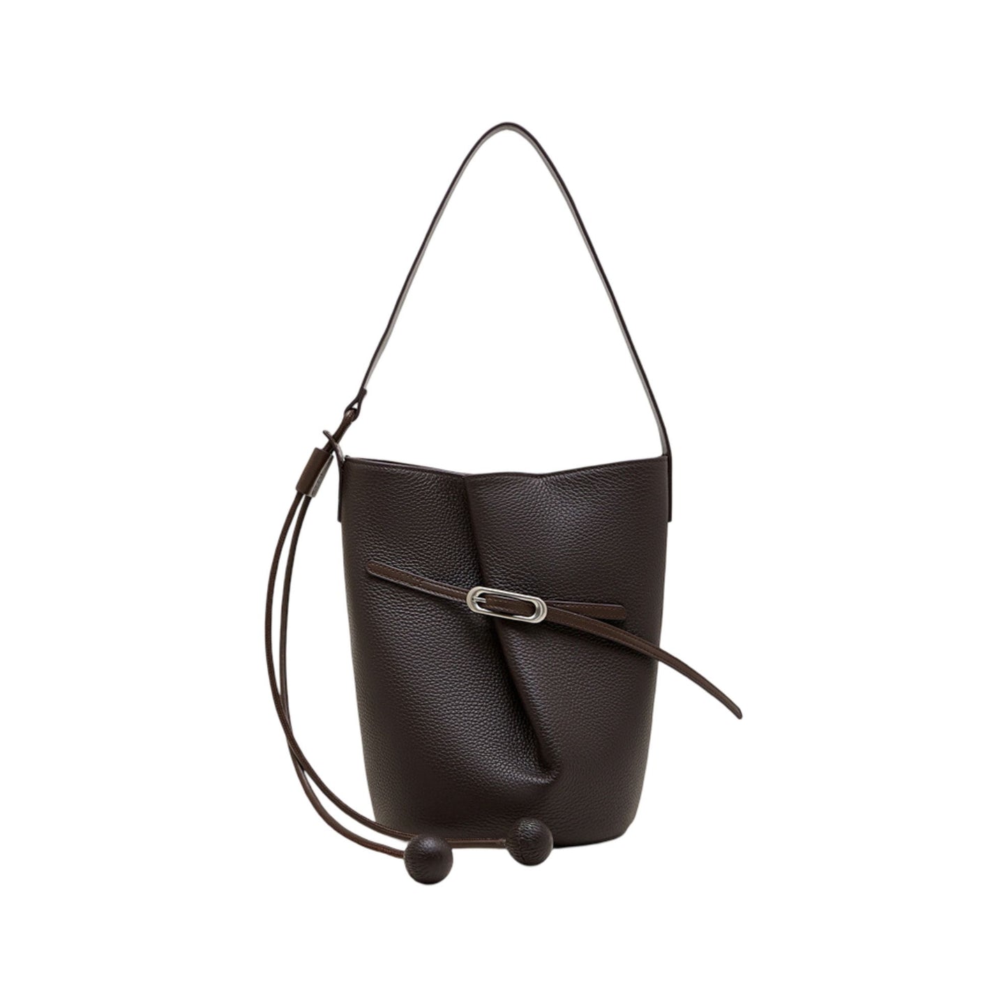 Pebbled Leather Bucket Shoulder Tote with Adjustable Buckle Accent and Open Top Design