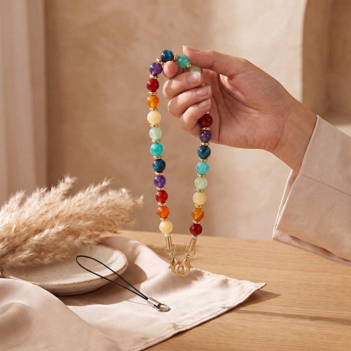 Beaded Wrist Strap with Clasps for Phones and Bags