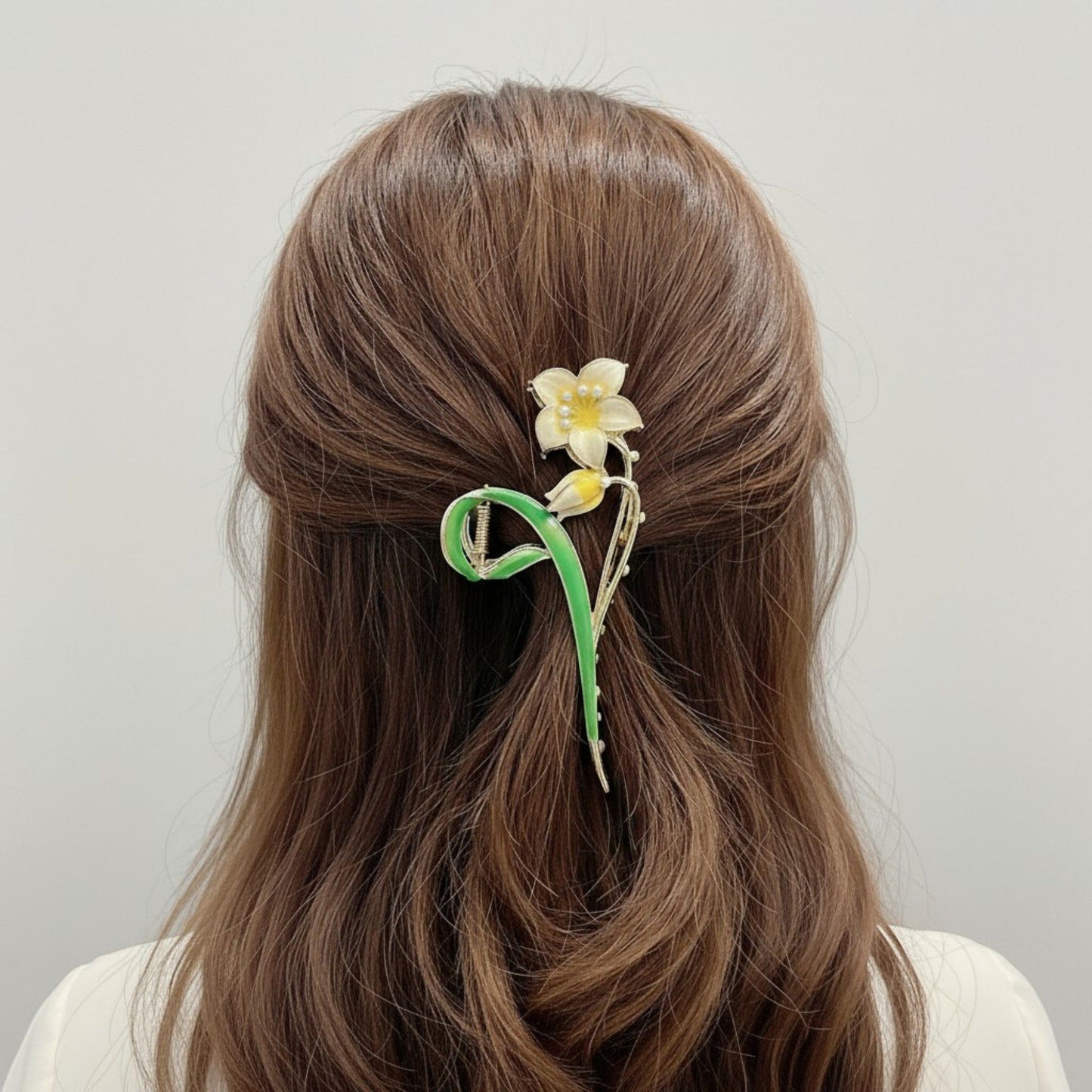 Tulip Flower Metal Hair Claw Clip with Enamel Petal and Leaf Detailing