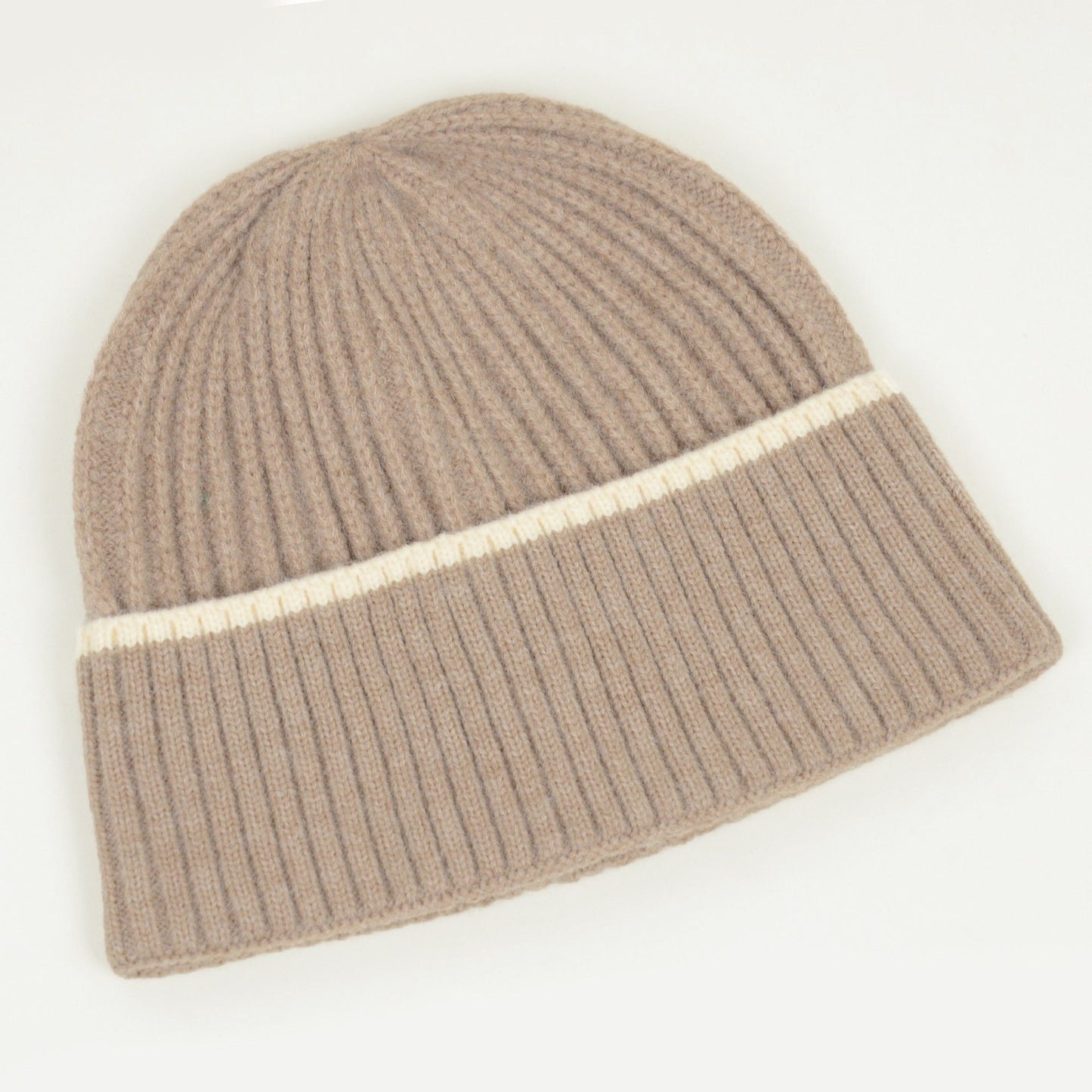 Ribbed Knit Beanie Hat with Contrast Trim and Folded Cuff