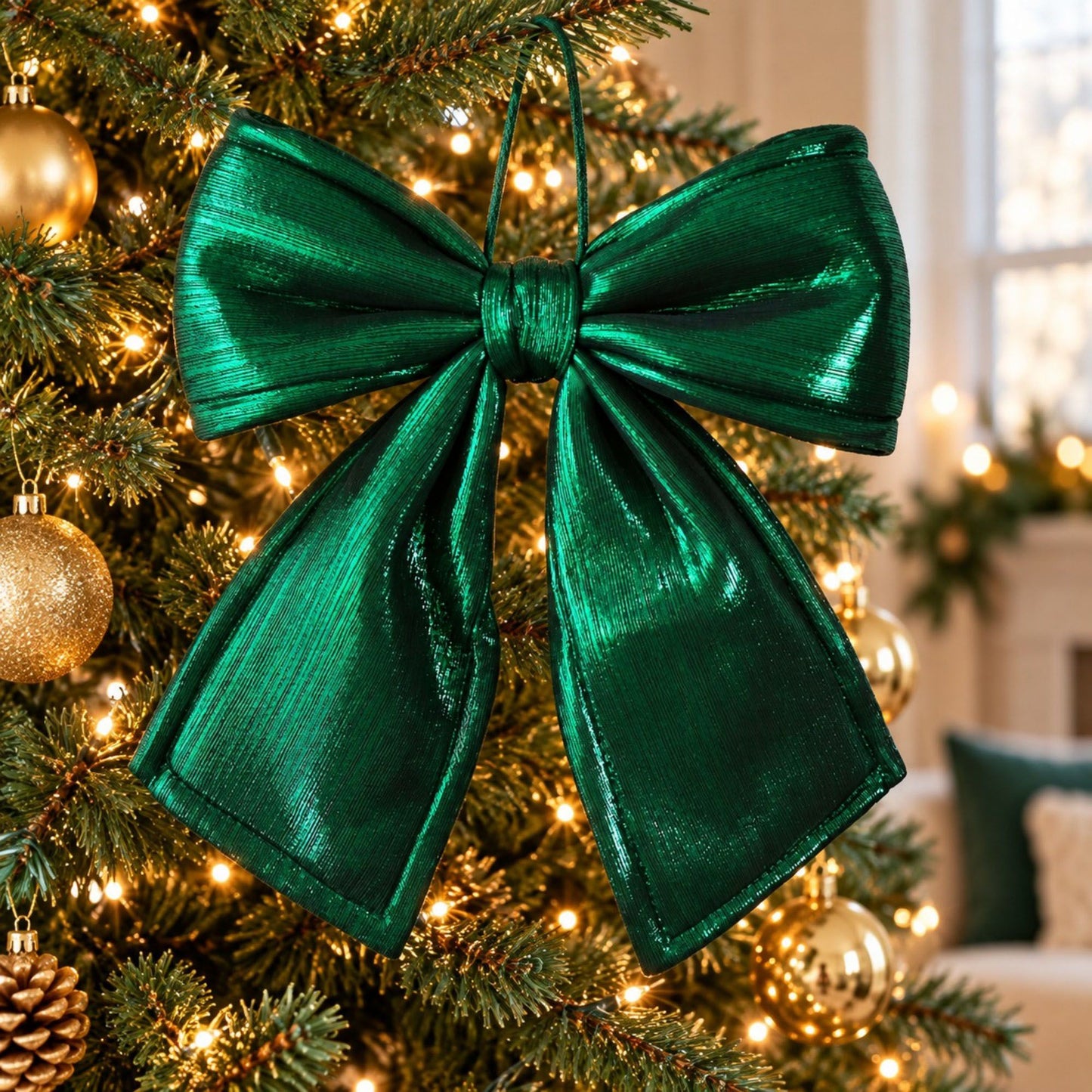 Gold Fabric Christmas Bow Hanging Decoration