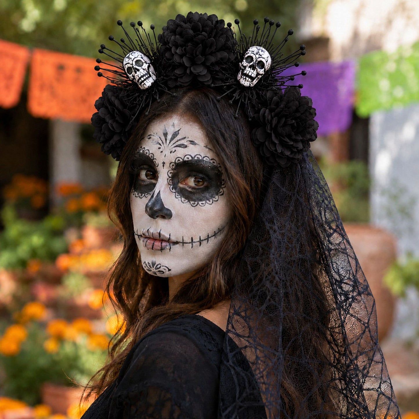Halloween Floral Skull Headband with Spiderweb Lace Veil