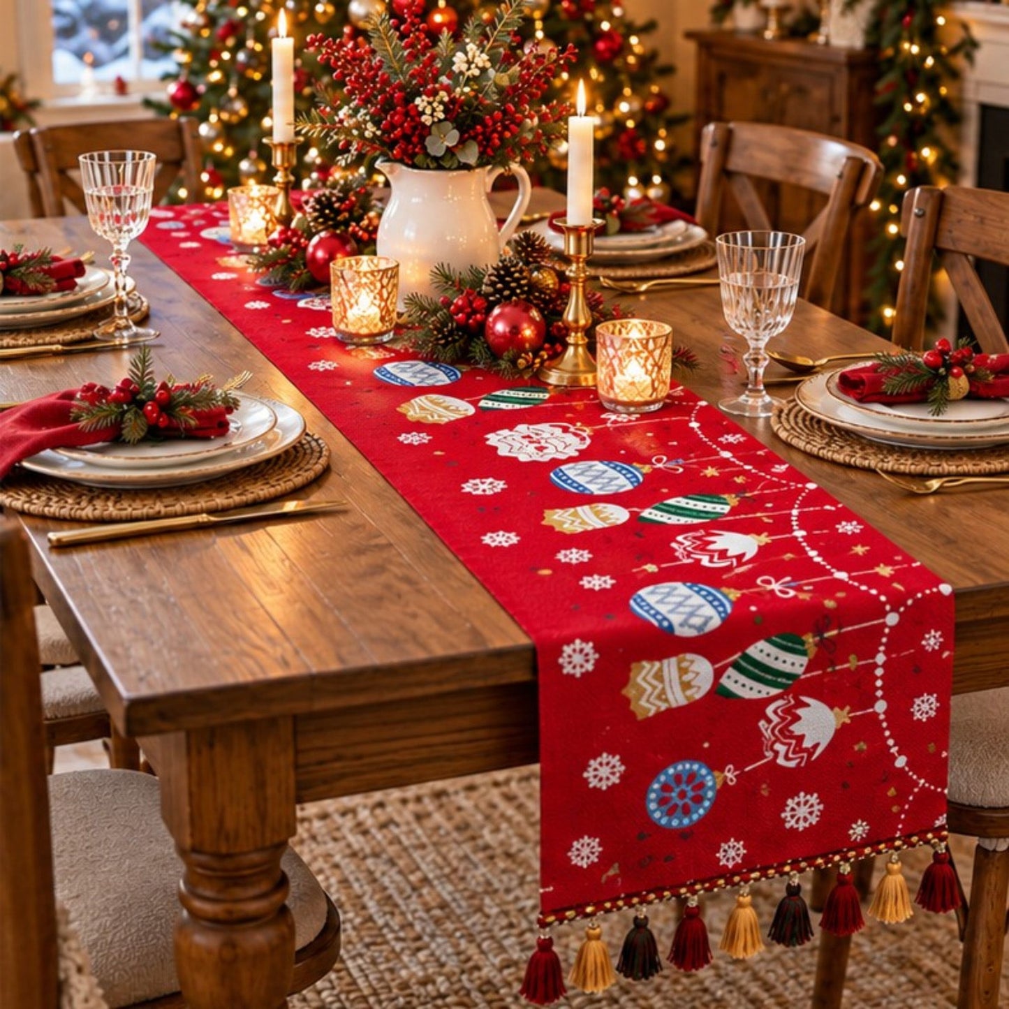 Christmas Ornament Chenille Jacquard Table Runner with Tassels for Holiday Dining Decor
