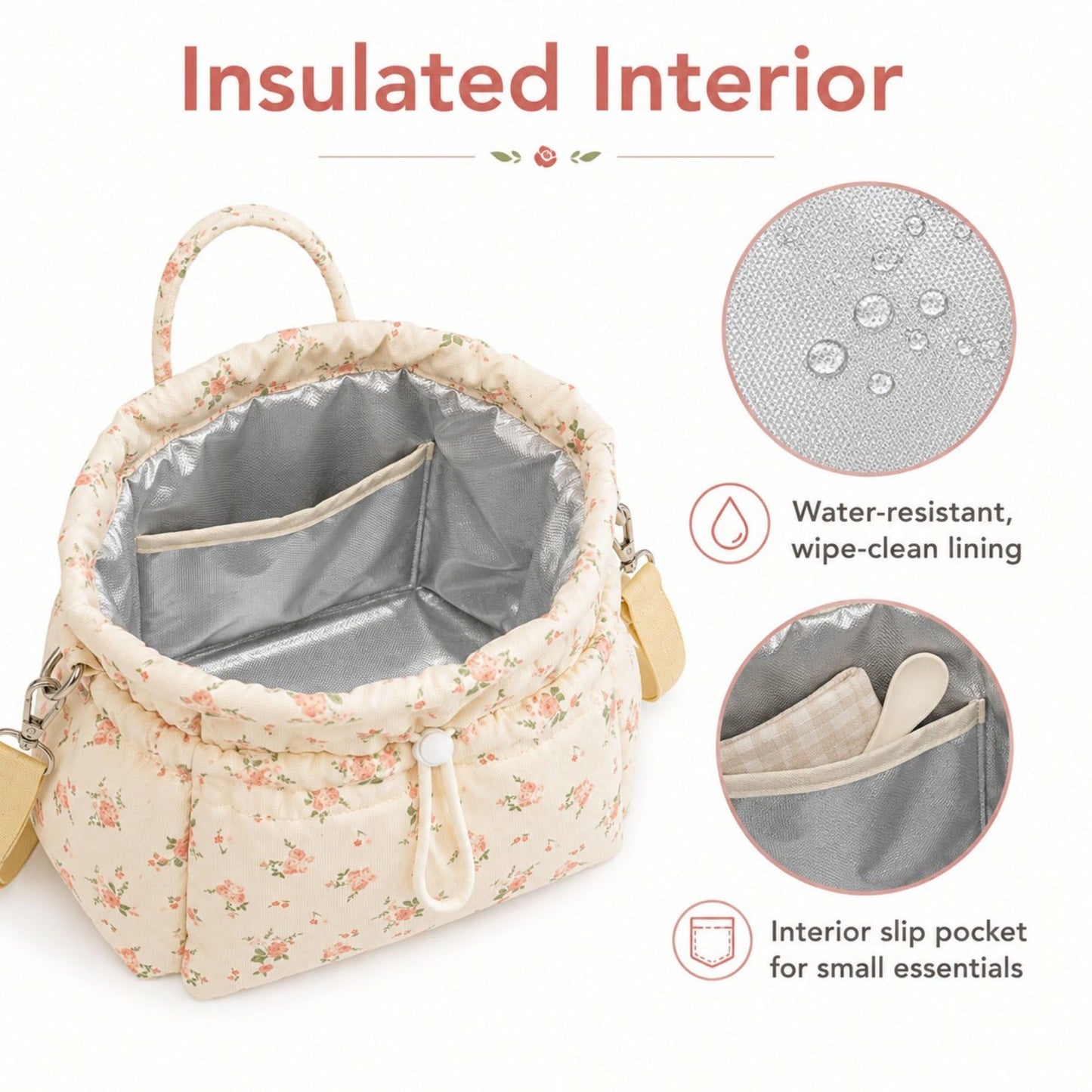 Insulated Drawstring Lunch Bag with Pockets, Top Handles and Shoulder Strap