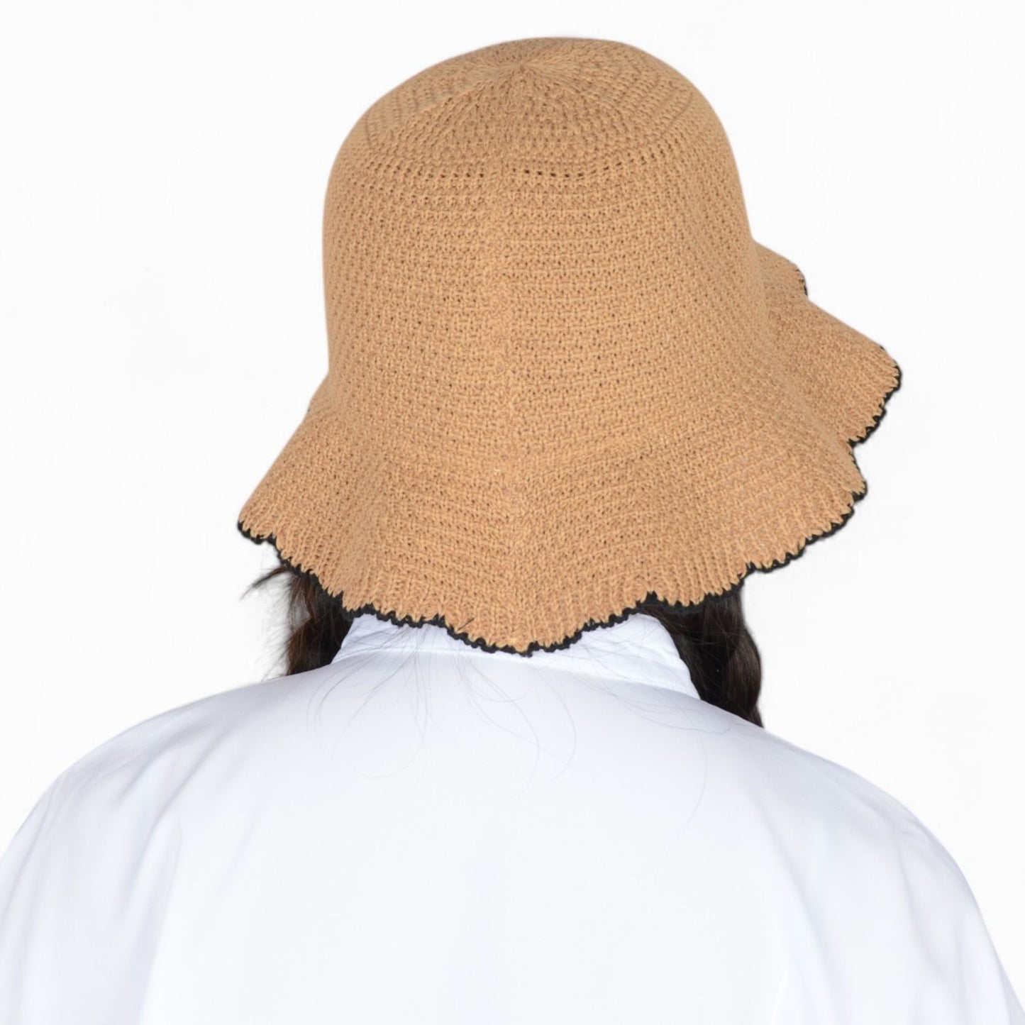 Women's Woven Floppy Bucket Hat with Scalloped Brim Edge Detail